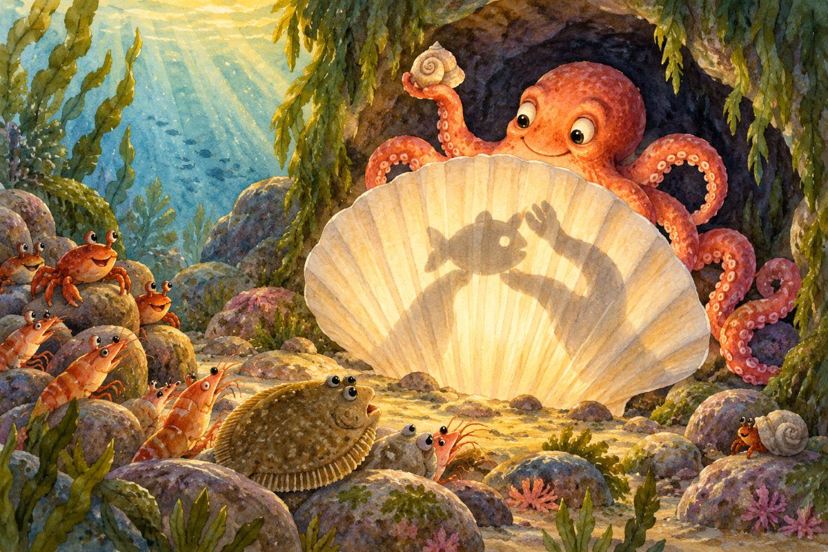Chobotnice za bílou lasturou tvoří stín rybky s ulitovým kloboukem; krabi a krevety sedí před lasturou.