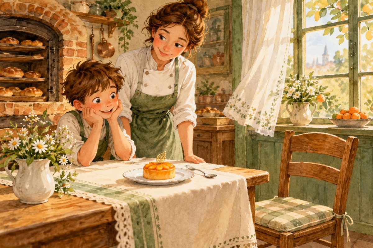 Filip a cukrářka sledují malý meruňkový dort s jedním křupavým lístkem u prázdné židle.