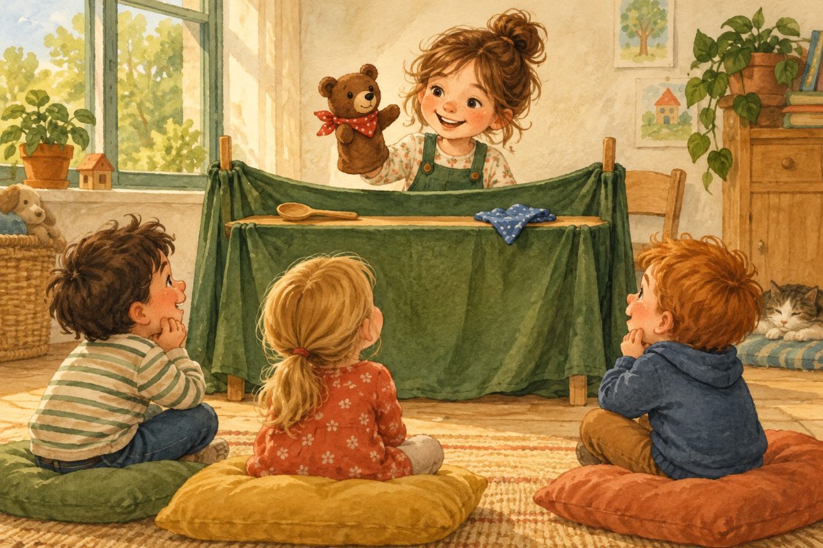 Kristýna hraje s jedinou medvědí loutkou a červeným šátkem na nízkém domácím jevišti.