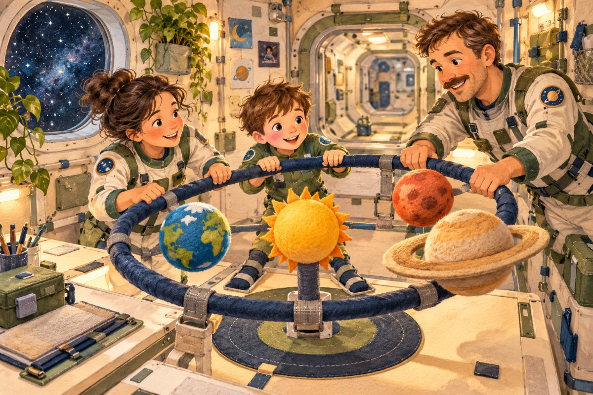 Robin s rodiči v obytné kabině vesmírné stanice pomalu otáčí bezpečně přichyceným látkovým kruhem s měkkými planetami kolem žlutého Slunce.