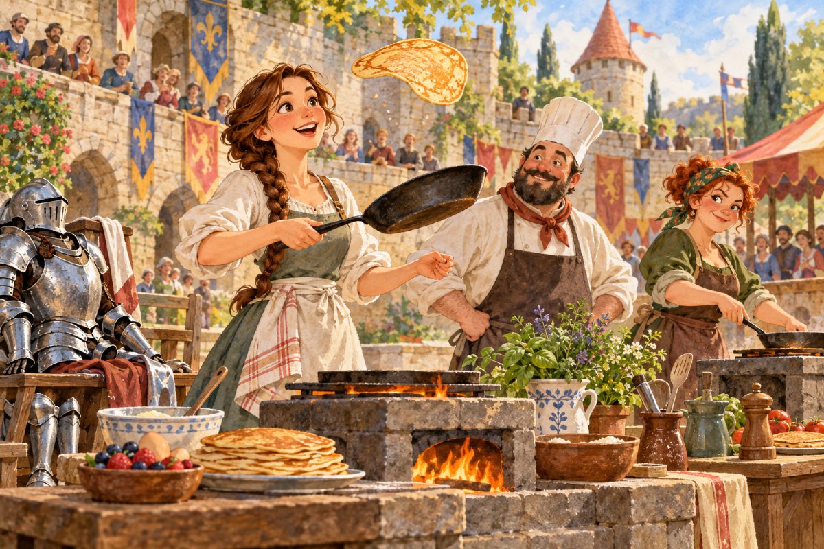 Rytířka Běla ve lněné košili a zástěře obrací palačinku nad pánví na zámeckém nádvoří.