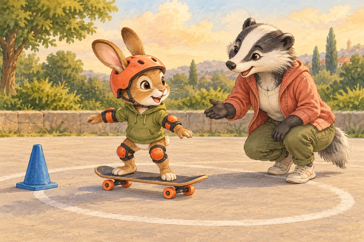 Králík Hugo v přilbě a chráničích stojí na skateboardu na rovné ploše vedle trenérky jezevčice.