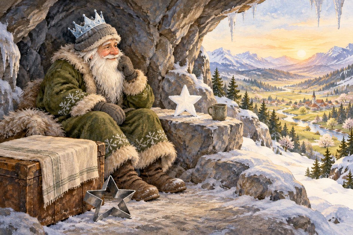 Sněhový král Vilém odpočívá v severní horské jeskyni vedle kufru a čerstvě vykrojené sněhové hvězdy.