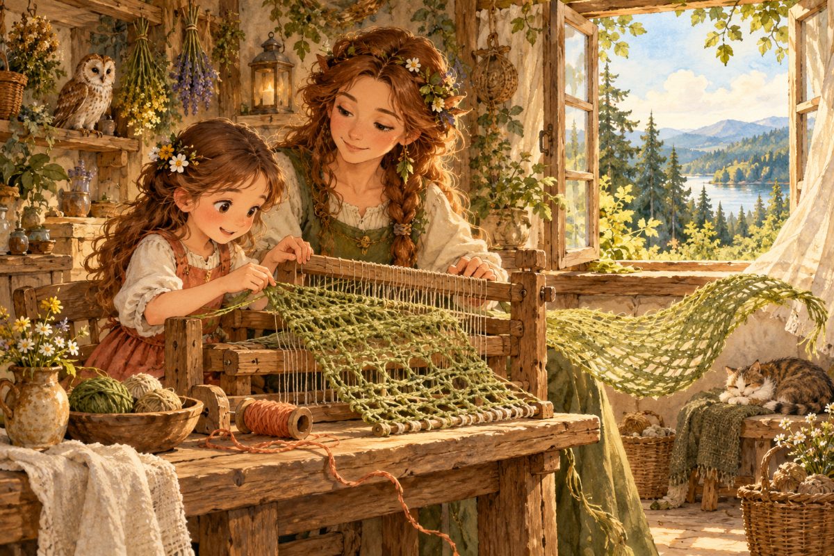Ela s lesní tkadlenou tkají řídkou zelenou látku, jejíž volný konec nadnáší vítr.